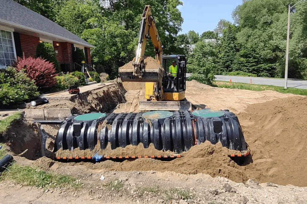 Excavator backfilling around a new plastic septic tank beside a residential home.