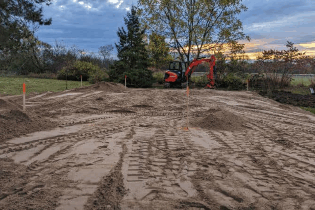 Final grading completed at sunset, with the system fully installed and the site levelled for stability and drainage.