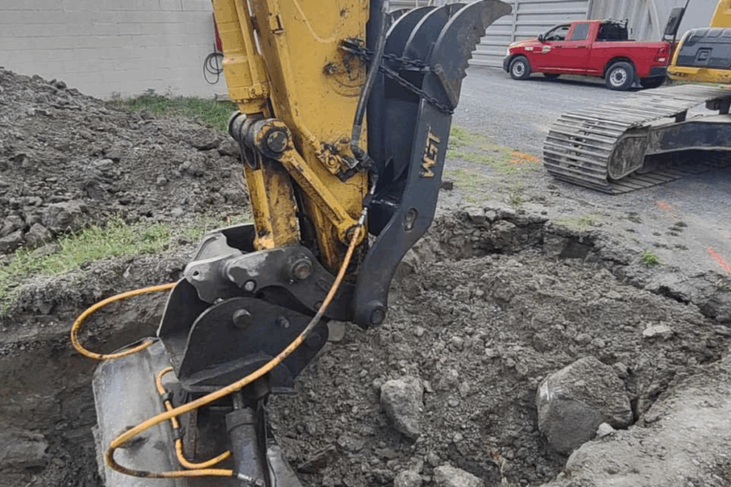 Close-up of excavator bucket breaking through rocky ground during septic system installation.