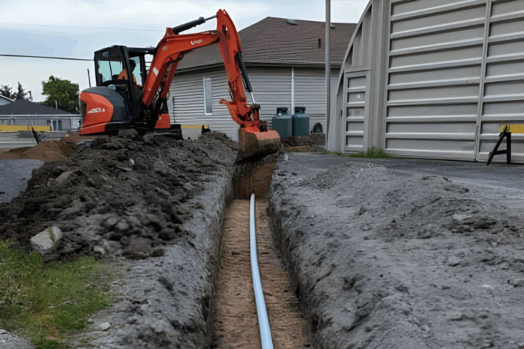 Mini excavator digging narrow trench for forcemain pressure line installation beside building.