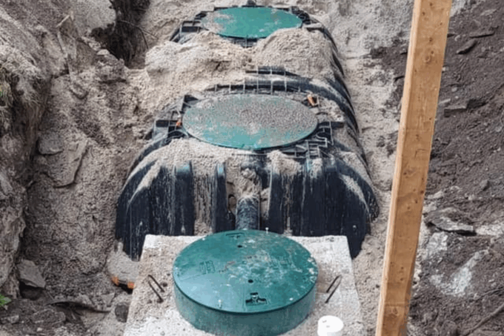 Septic tank with green lids partially backfilled with sand, connected in a row behind a concrete septic tank in a deep trench.