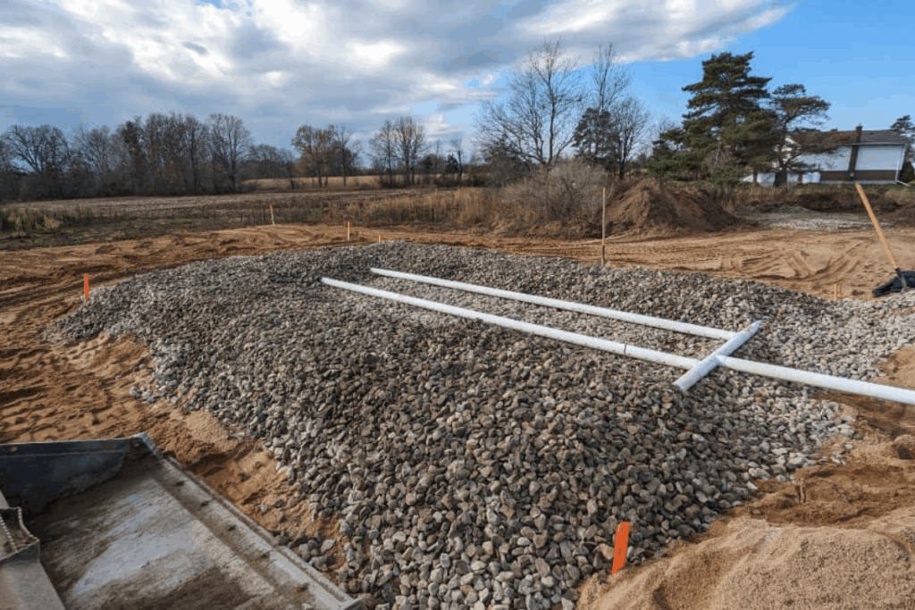 Septic bed prepared with clear stone and two main distribution pipes laid in trench. Septic Tank replacement.