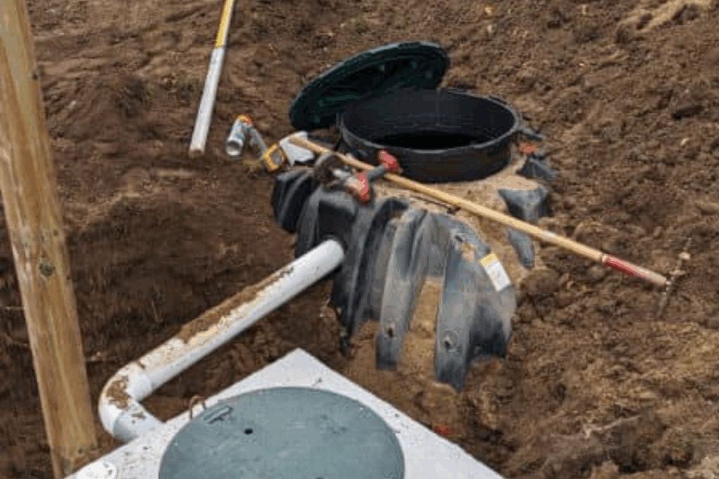 Pump chamber and piping connected to the septic tank during final mechanical setup before backfilling.