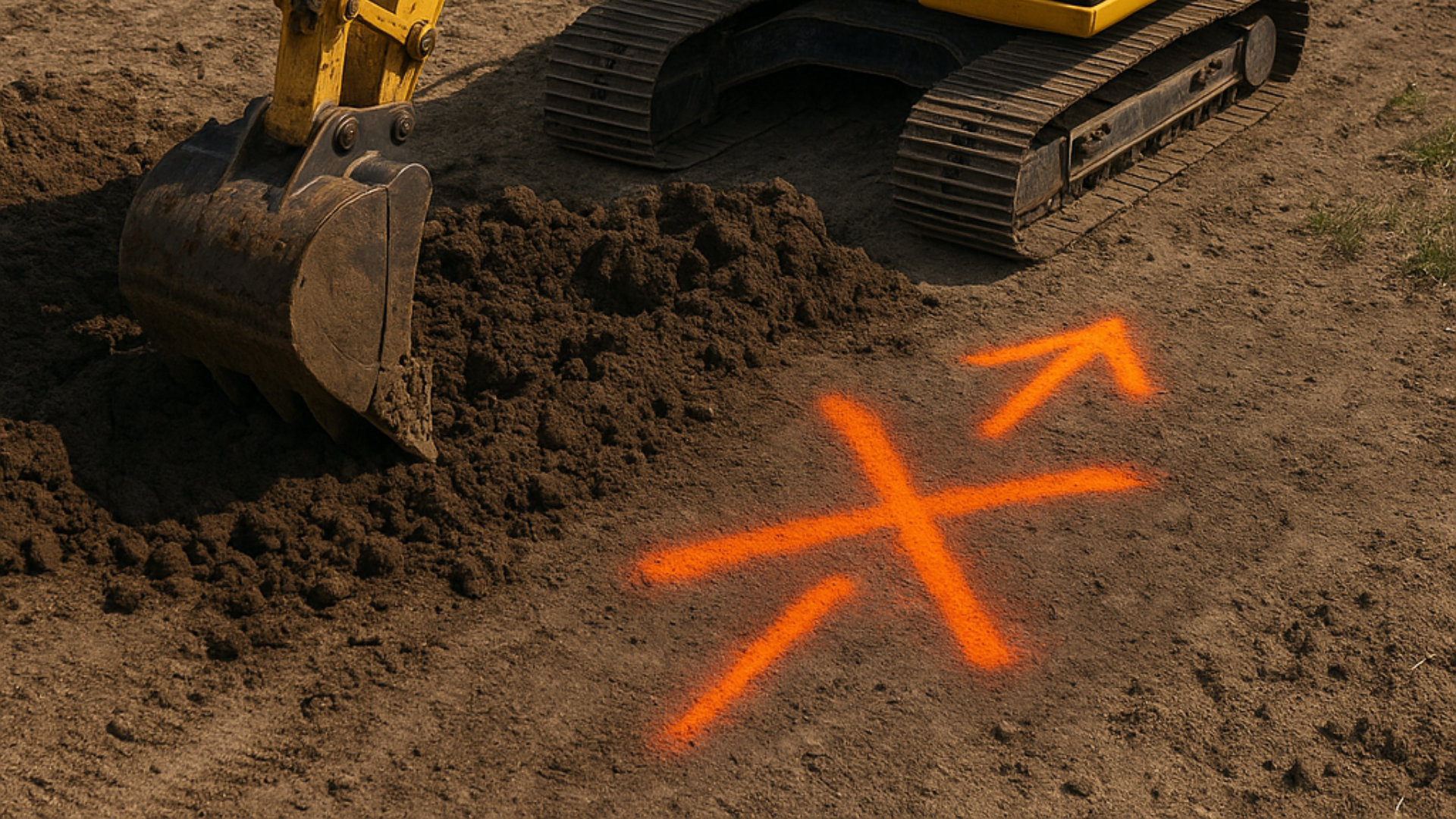 Excavator working around utility locates marked on soil.