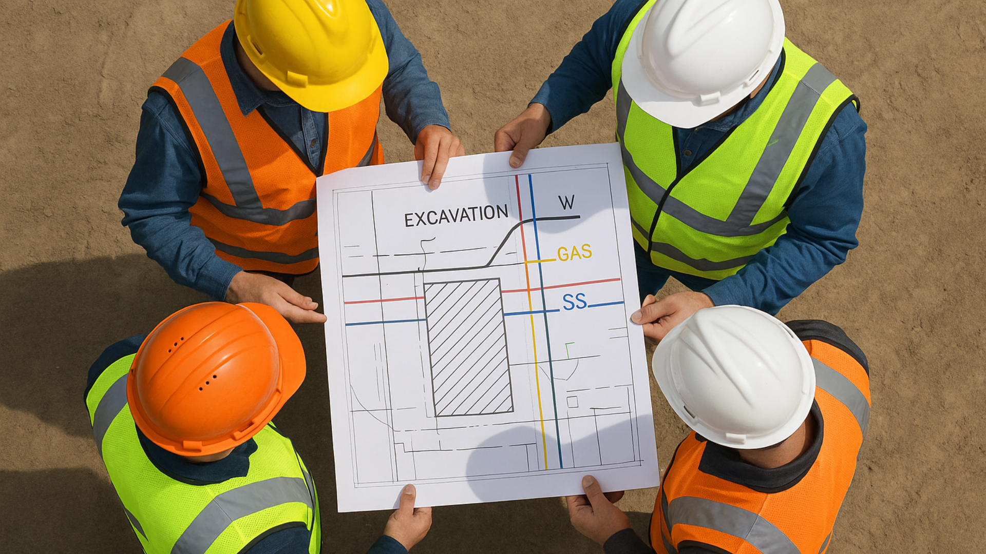 Group of workers looking at a site map with utility locates.