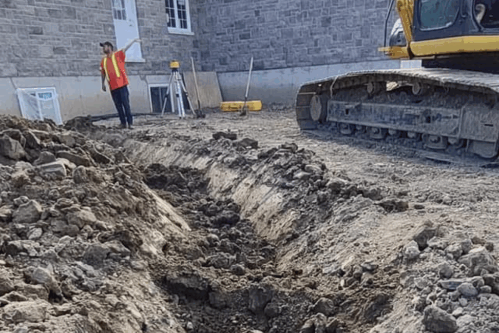 Black drainage pipe placed in a long trench near a residential building, with crew member and excavator visible in background.