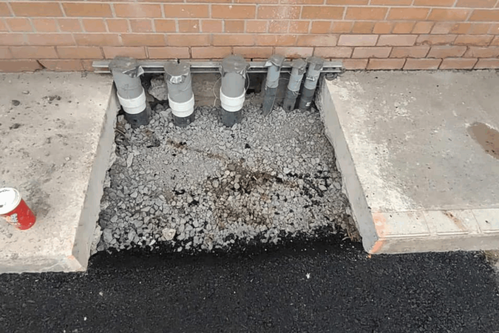 Conduits emerging from the ground and aligned with a building wall, indicating the connection point for underground electrical service. grinder pump sewer connection