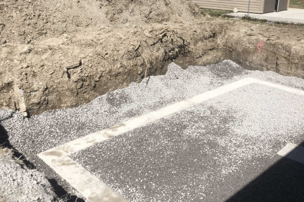 Excavated and gravel-prepped foundation area for a home addition, showing clear layout lines.