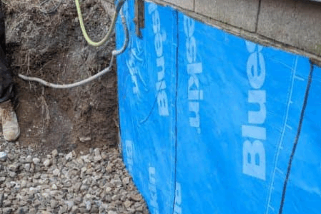 Close-up of a waterproof membrane labeled "Blueskin" applied to a foundation wall during excavation.