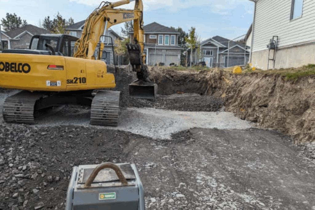 Tracked excavator working at the foundation wall of a home, removing rock and soil as part of the wet‑basement excavation scope.