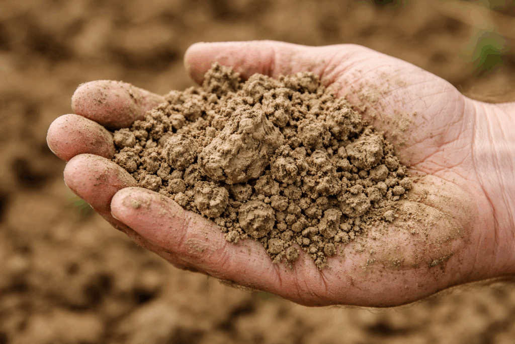 clay type soil in the palm of someone's hand.