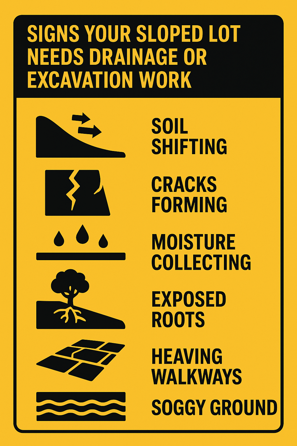 An infographic on signs your sloped lot needs drainage or excavation work.