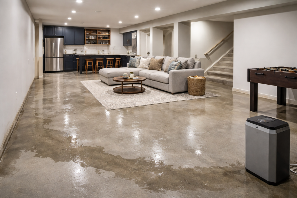 a basement with a concrete floor showing water damage and a dehumidifier.