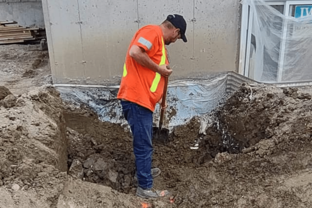 A worker digging out soil next to a homes foundation.