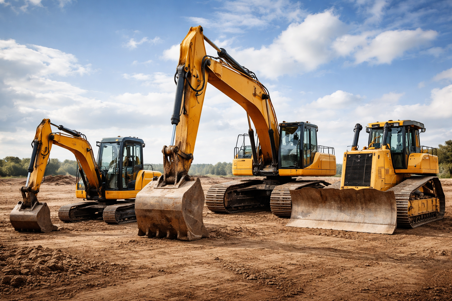 Different types of excavation machinery lined up side by side.