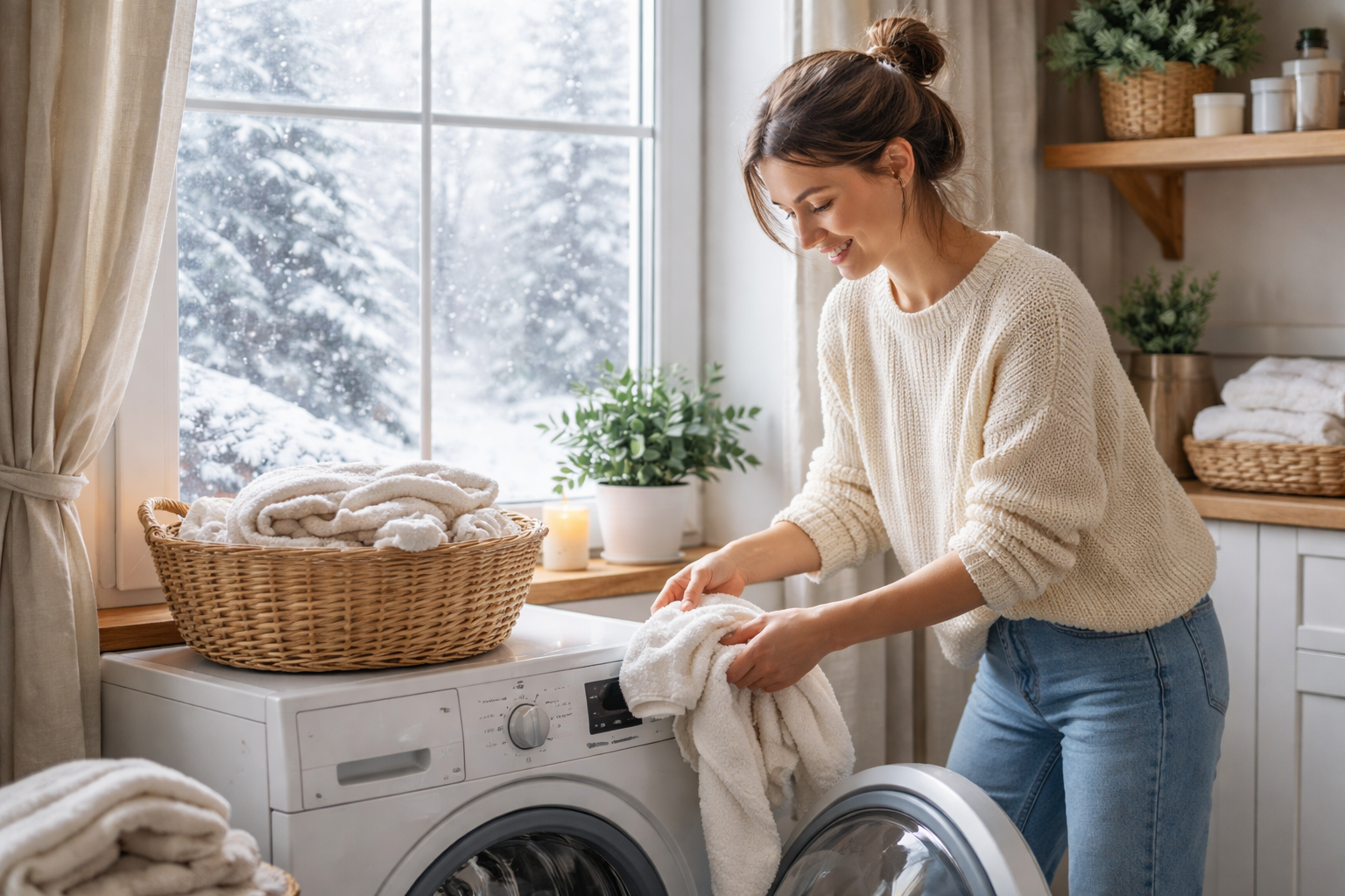 Doing laundry next to a snowy window.
