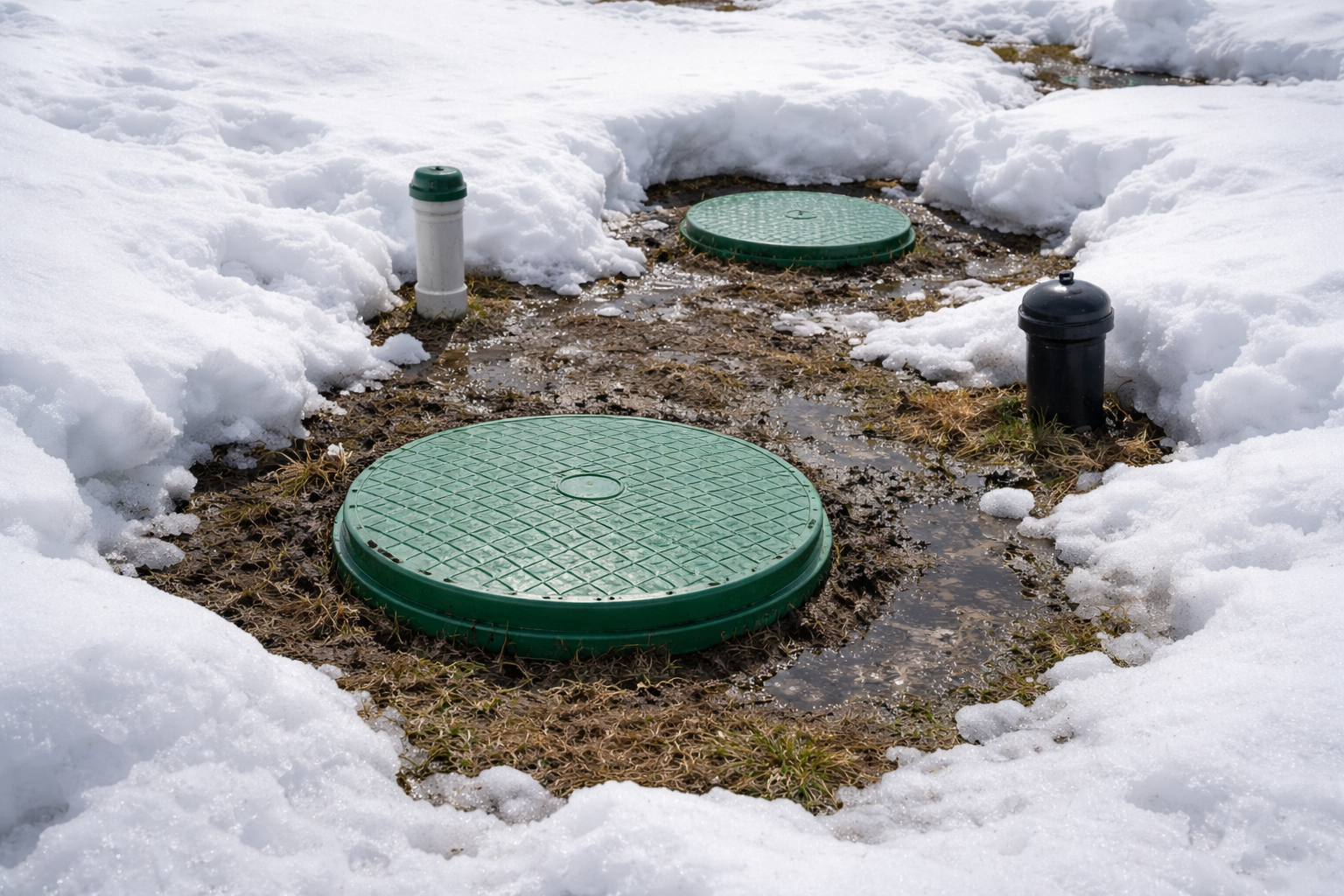 A green septic bed surrounded by snow.
