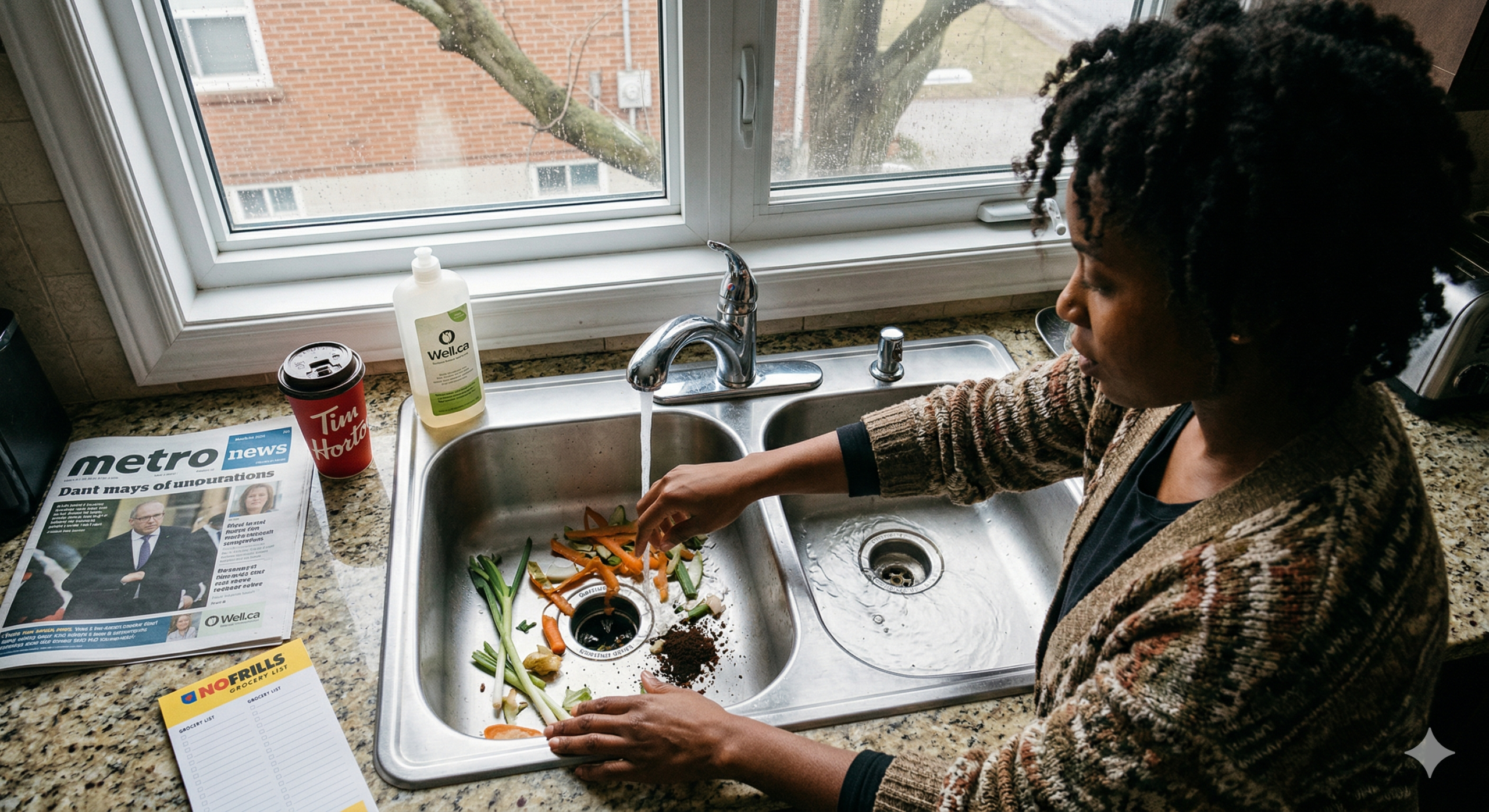 Woman putting food waste and scraps into a sink.