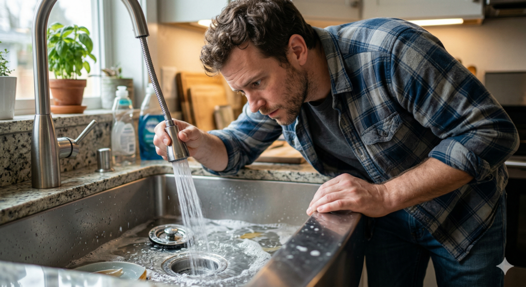 Mn looking into his sink for what not to put down your drain.