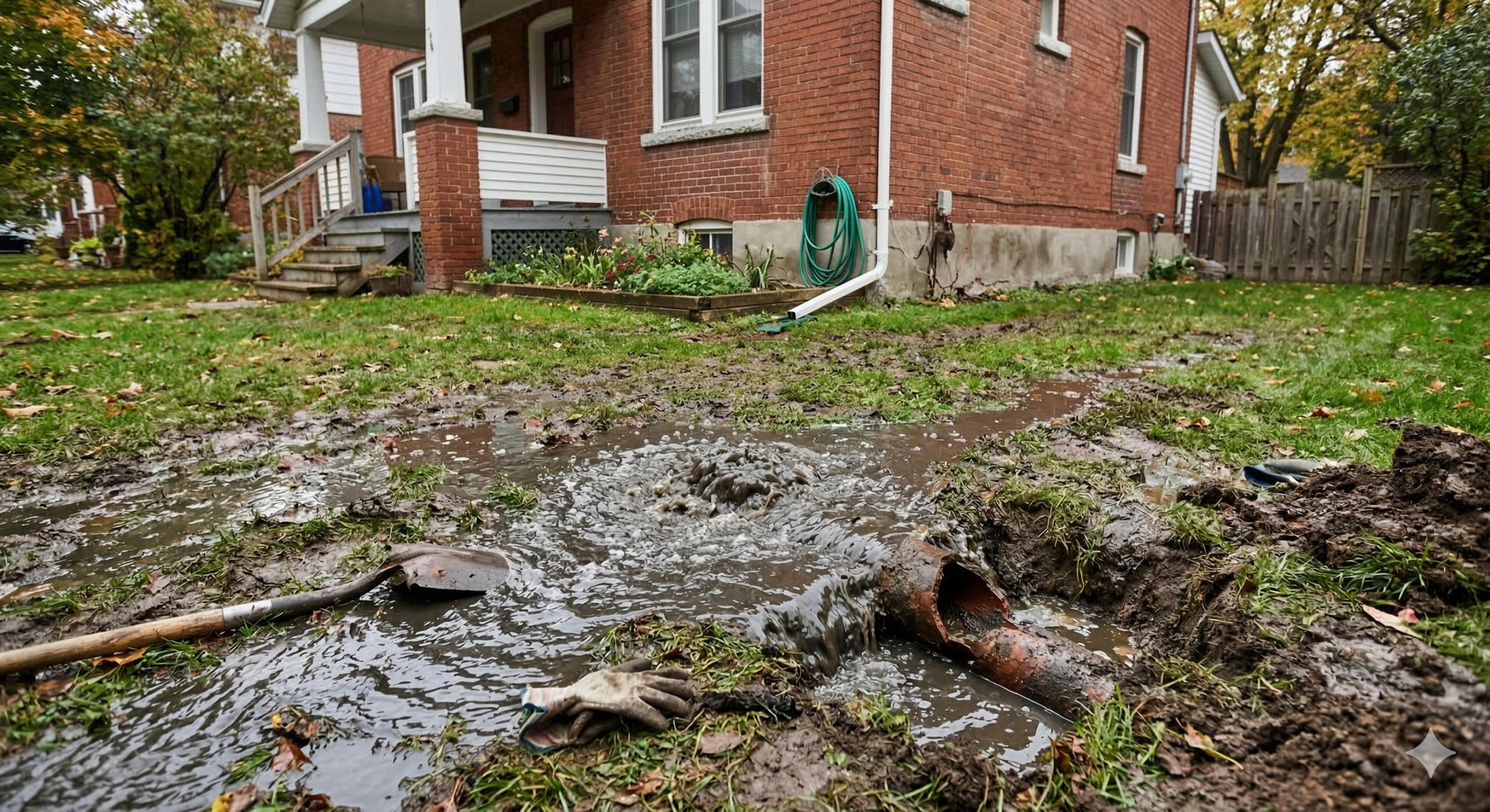 A patch of wet ground and a pipe where someone would suspect a sewer line leak.
