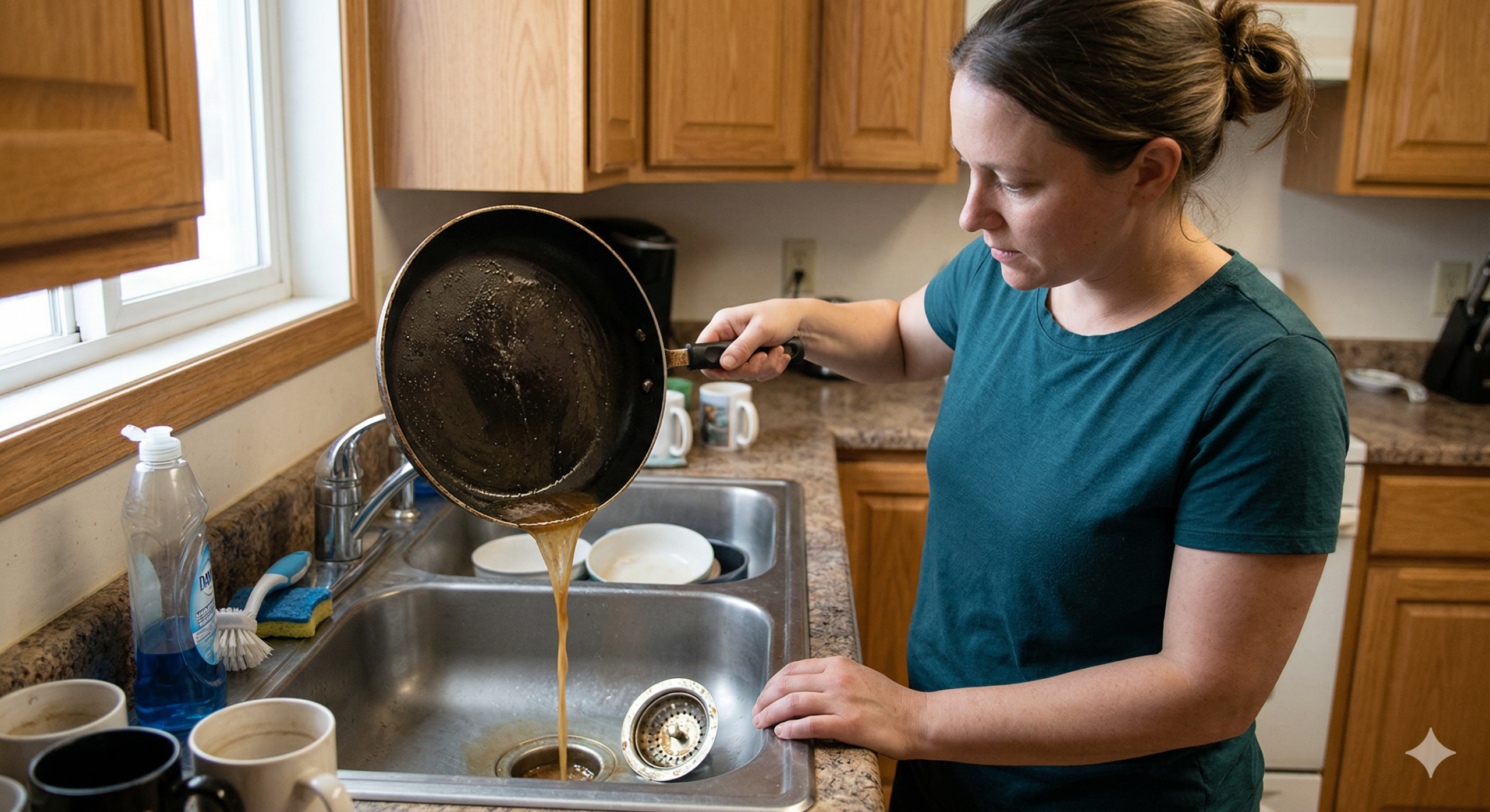 Woman pouring grease from a frying pan down a kitchen sink drain.