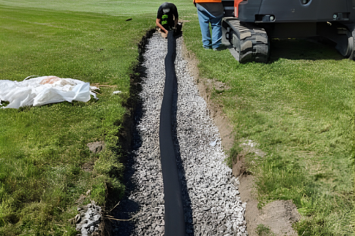 A person laying down a drainage hose on top of gravel.