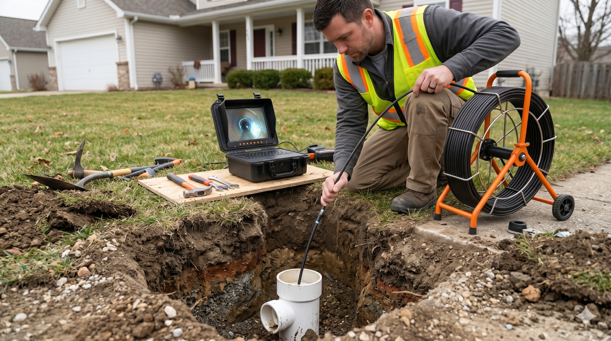 Sewer line inspection with a camera.