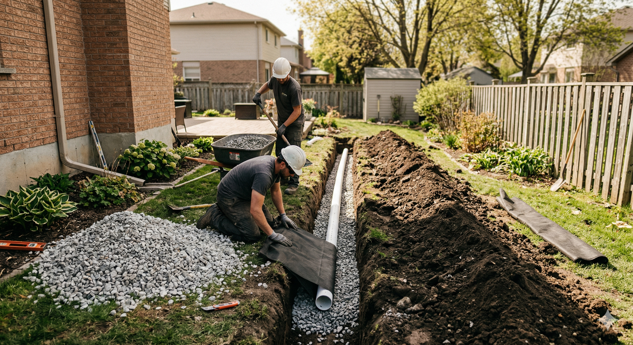 Workers installing a French Drain system.