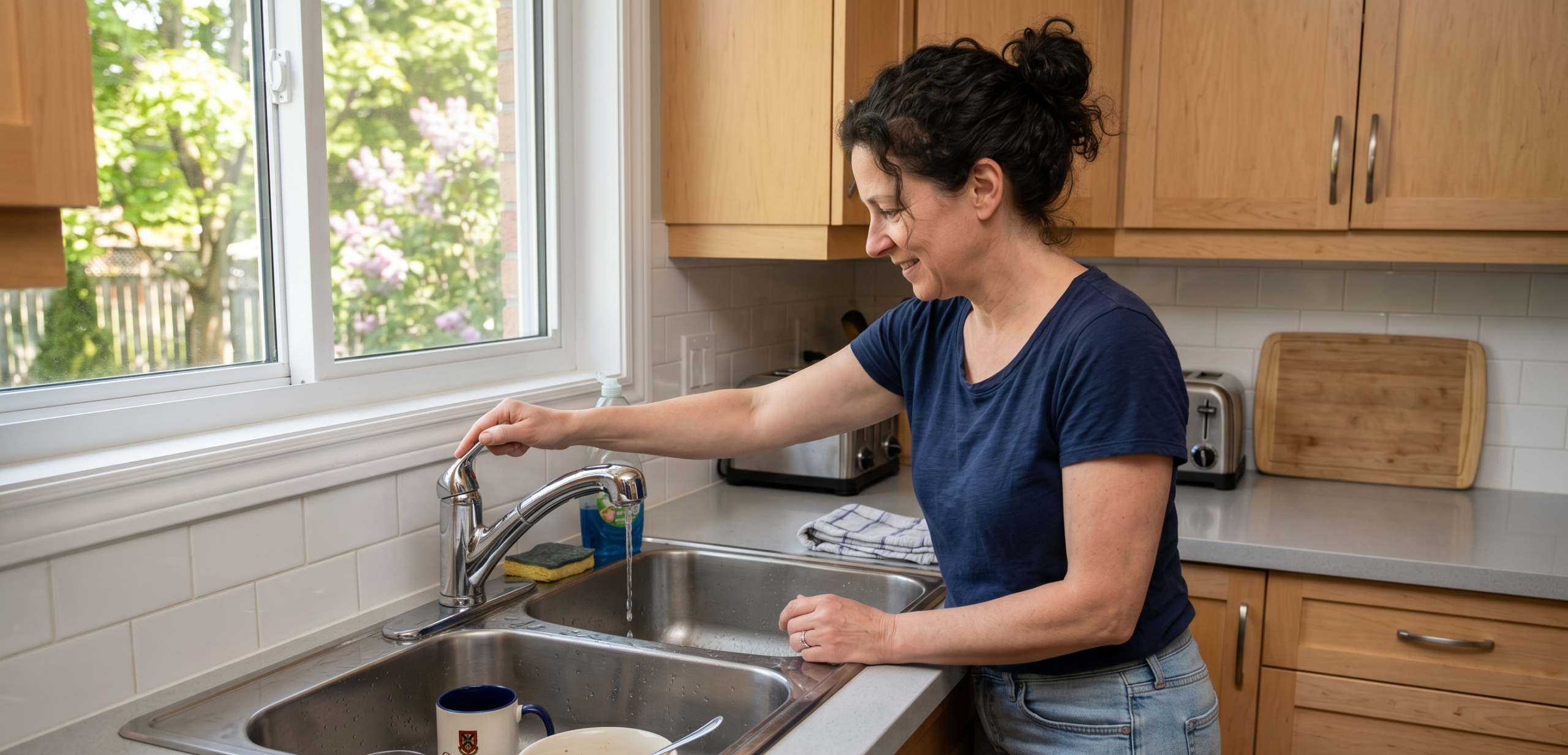 A woman turning off a tap in her kitchen