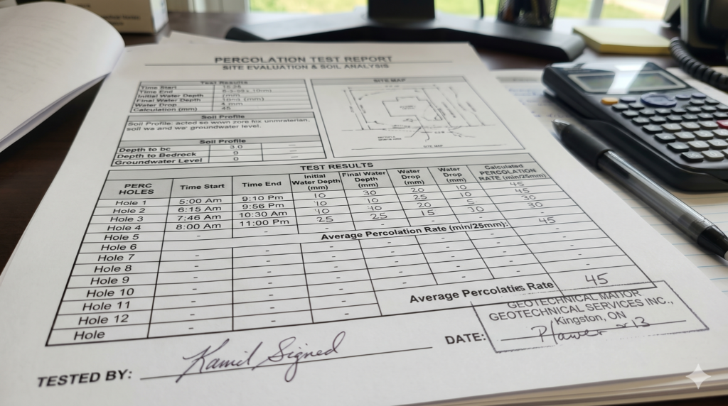 A percolation test report closeup.
