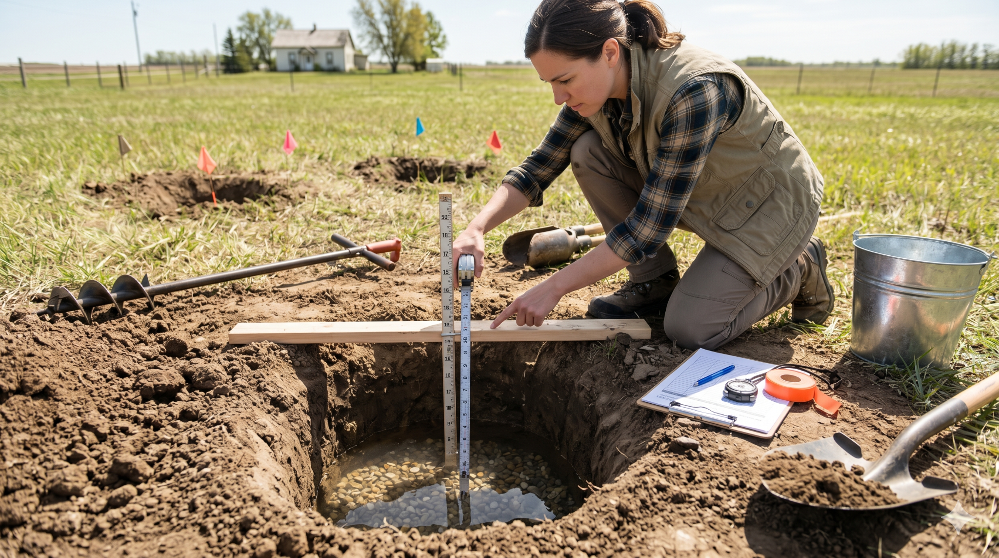 A woman conducting a percolation test report.