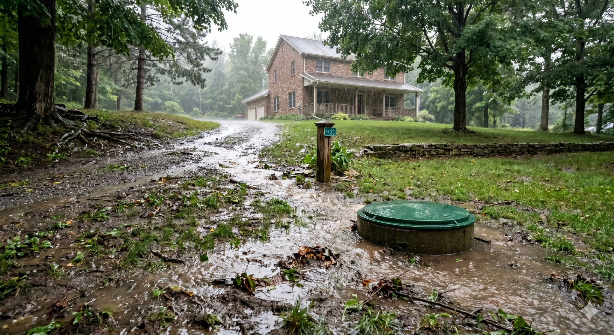 Water flowing away from a home and towards a septic tank.